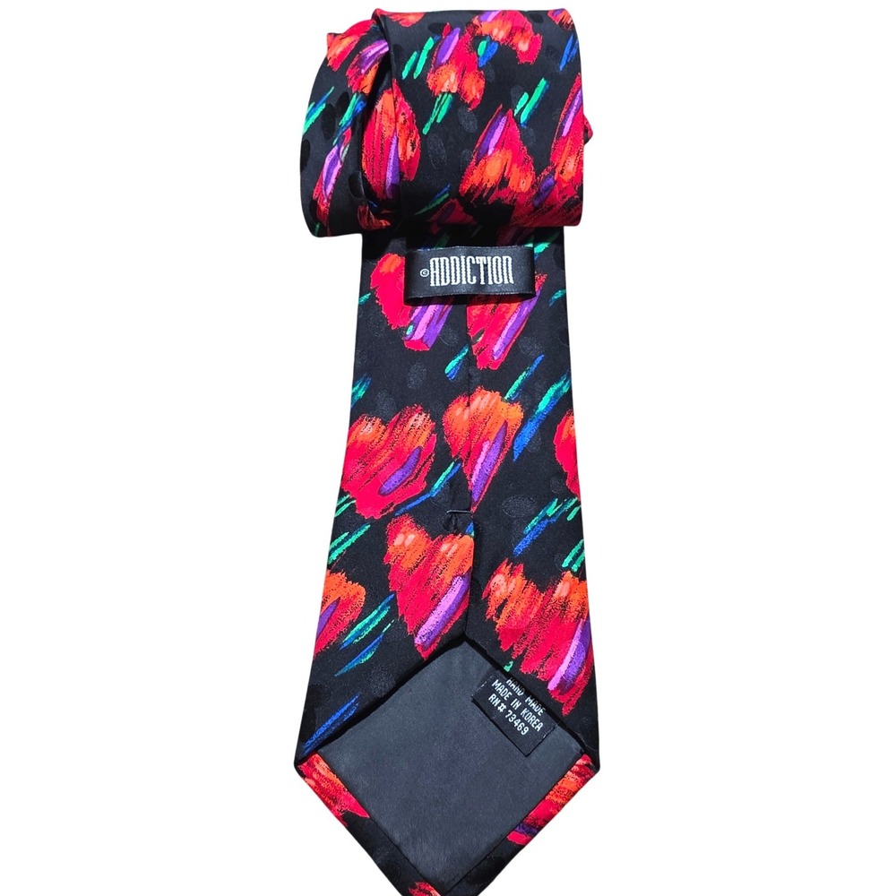Addiction Silk Necktie Mens OS Black Red Abstract Heart Print Excellent Handmade
